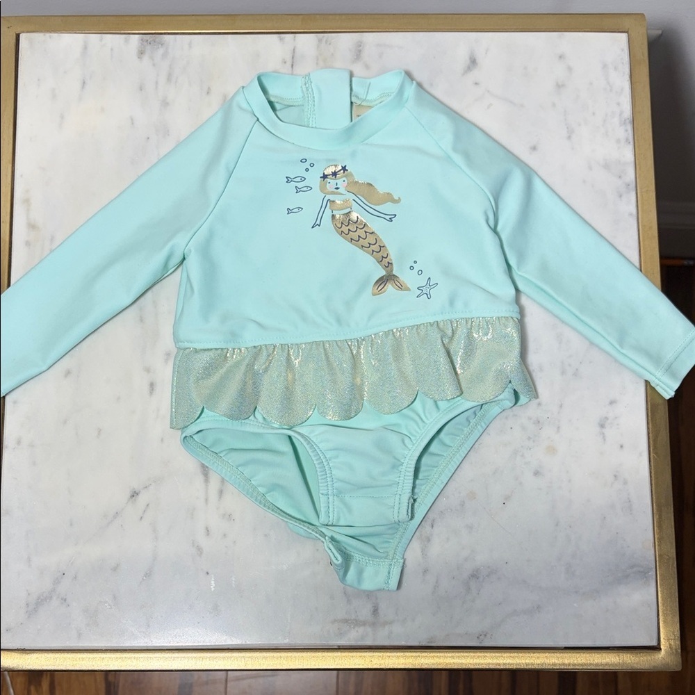 Infant Long Sleeve Mermaid One-Piece Swimsuit - Mint - 3 Mos